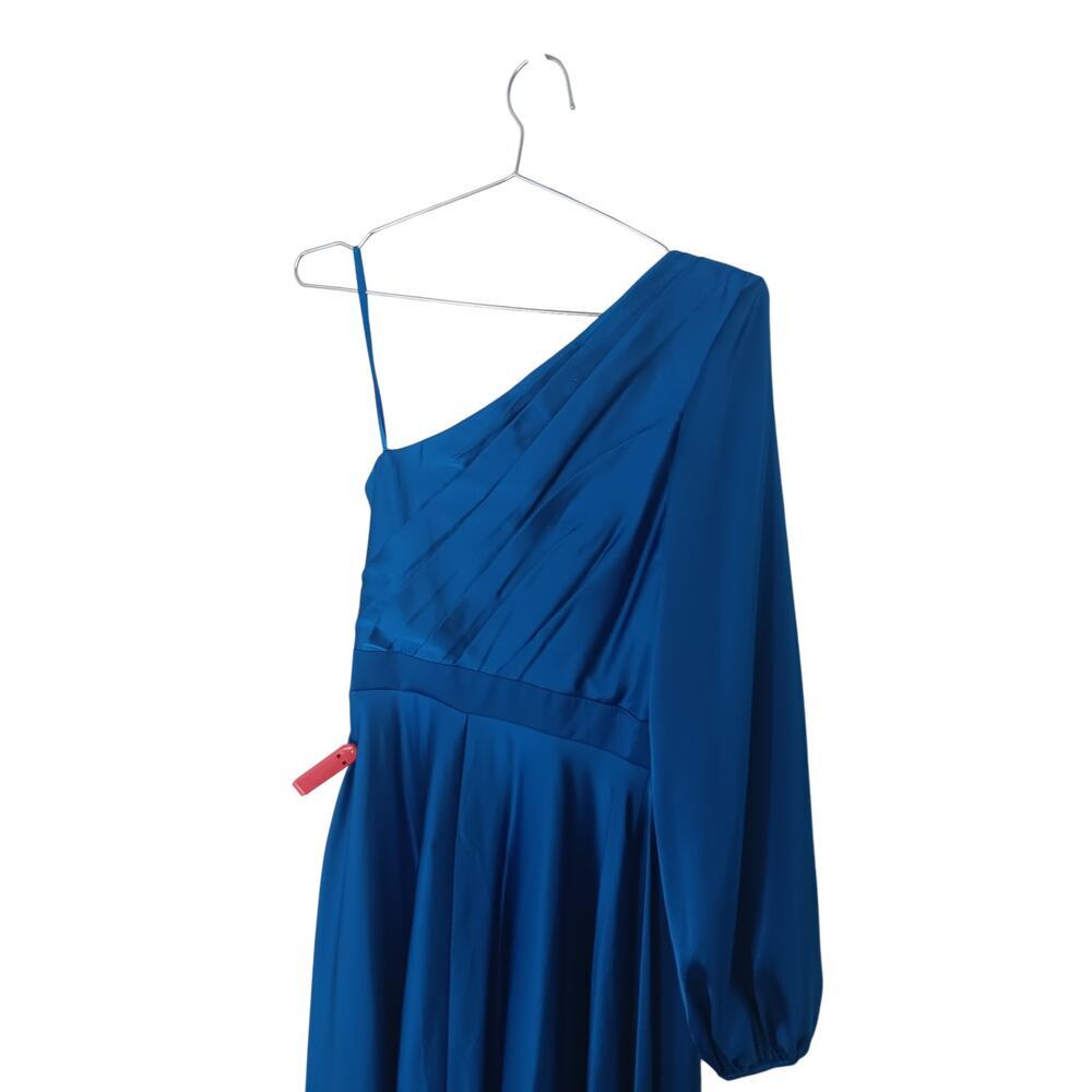 New Tags Ieena Mac Duggal Dark Blue One Shoulder Satin Hi Low Gown Sz 4 - Picture 8 of 16